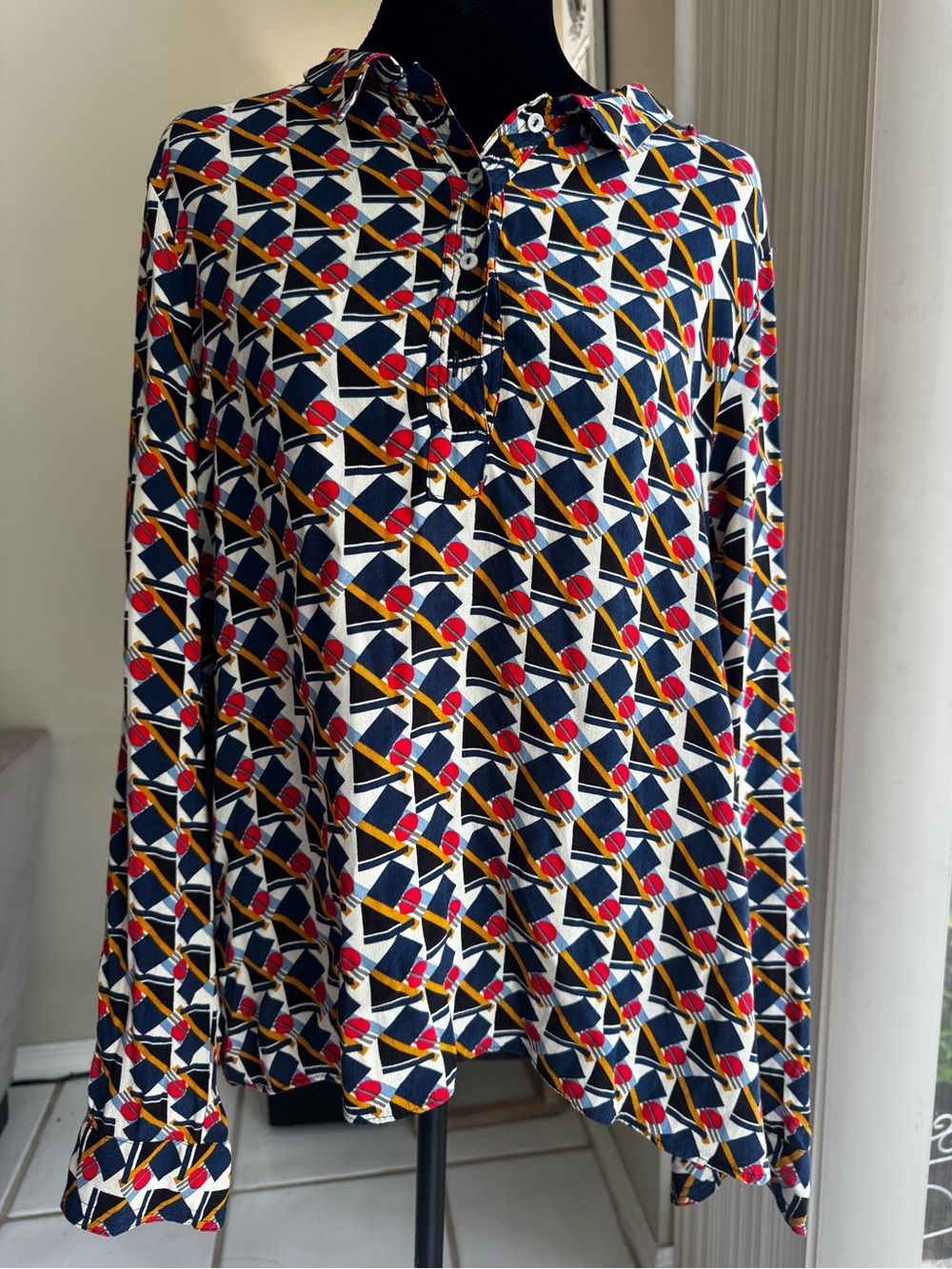 Zara Woman Geometric Print Blouse L Long Sleeve Collared Button Tunic Top Spain
